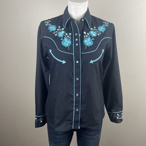 Women's Black Button Down Shirt with Blue Embroidery